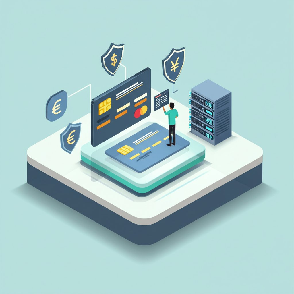 Abstract image representing payment environment development with interconnected networks and digital currency symbols.