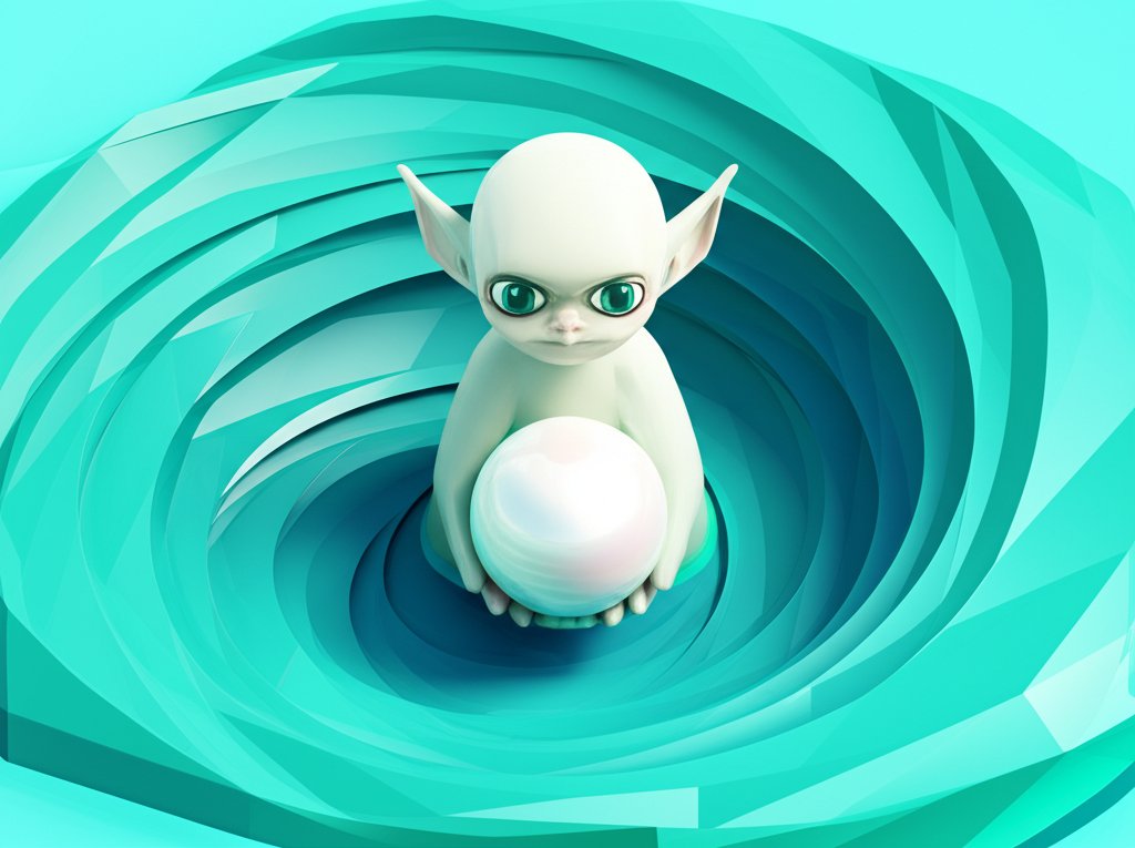 A shimmering, turquoise wave crests, with a pearlescent sheen and goblin-like faces within.