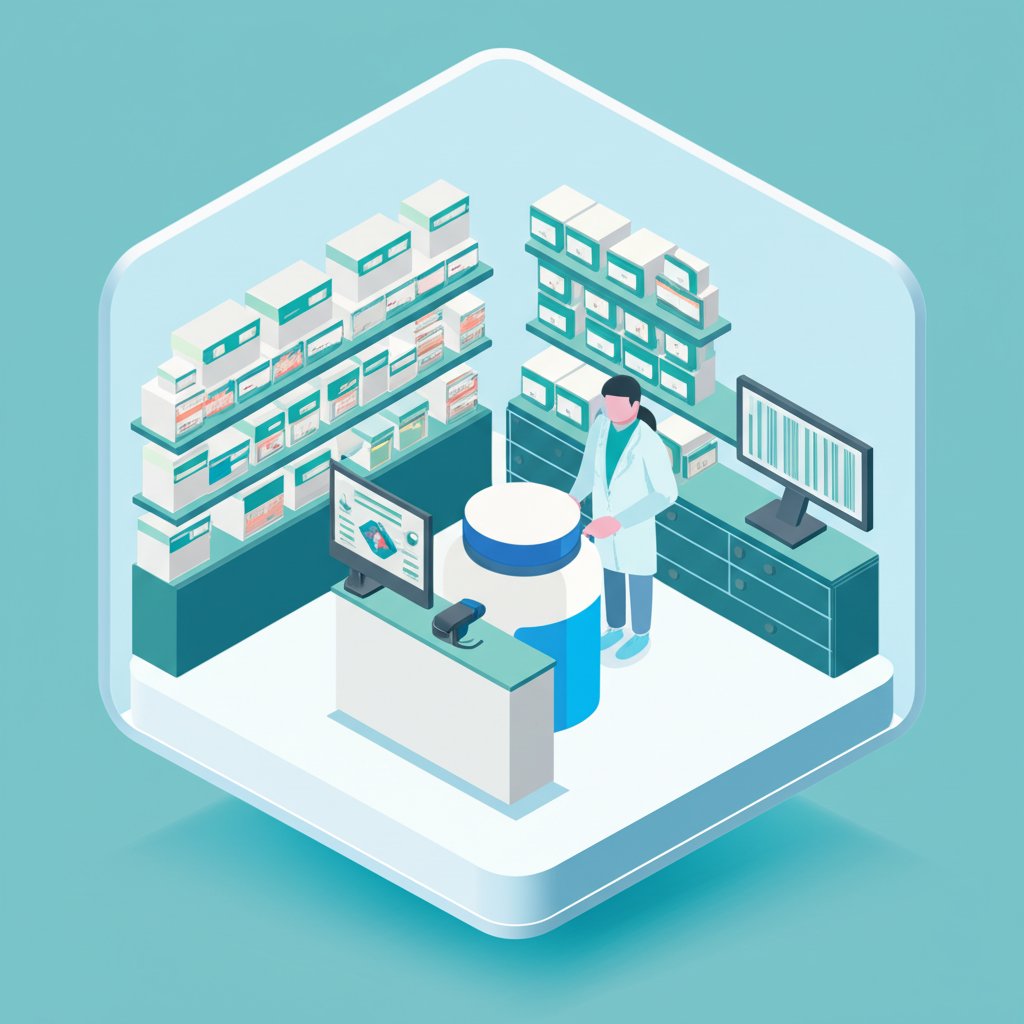 Pharmacy technician organizing medication bottles on a shelf in a brightly lit pharmacy.