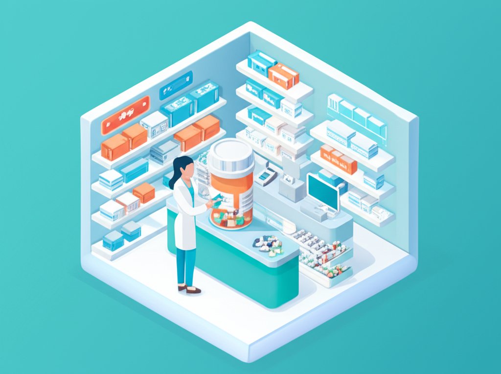 Pharmacy technician assisting a customer at a pharmacy counter, surrounded by medications.