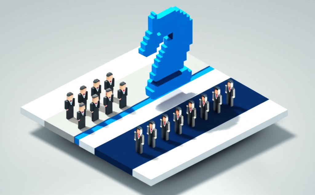 A person in a suit stands defiantly against a blurred background of suited figures.
