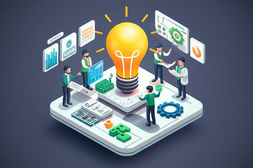 A diverse group of innovators collaborate, brainstorming ideas in a bright, modern workspace.