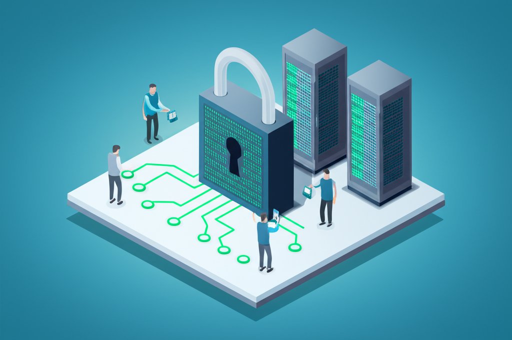 Security and Confidentiality: Lock and key symbolize data protection and privacy.