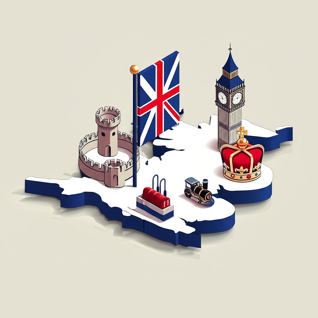 Collage of iconic British historical figures and landmarks, showcasing the rich history of Great Britain.