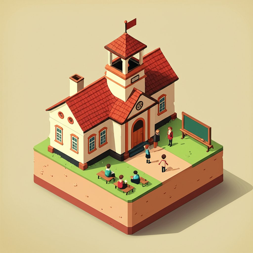 Vintage classroom scene: children at wooden desks, teacher at chalkboard, old-fashioned schoolhouse.