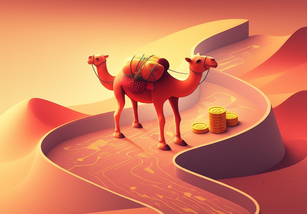 Ancient coins and silk fabric represent the historic Silk Road trade routes and economic exchange.