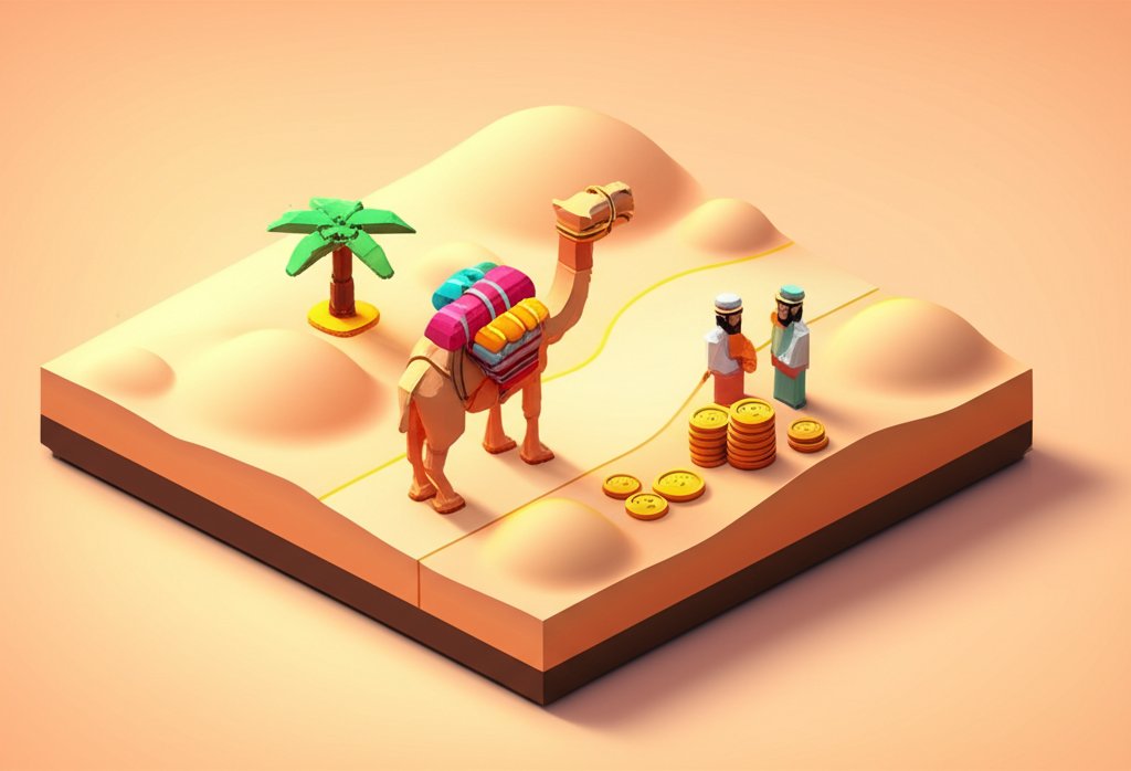 Camel caravan laden with goods traverses a desert landscape, symbolizing Silk Road trade finance.