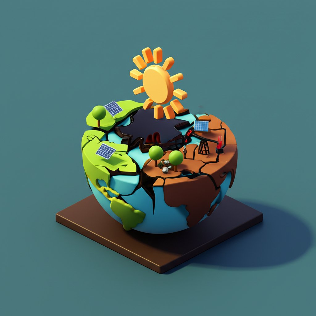 A fossil fuel-powered plant mockingly shaped like a sun, representing the irony of solar energy's origins.