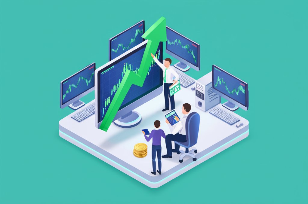 Two stock brokers analyzing market data on a computer screen in a busy office.