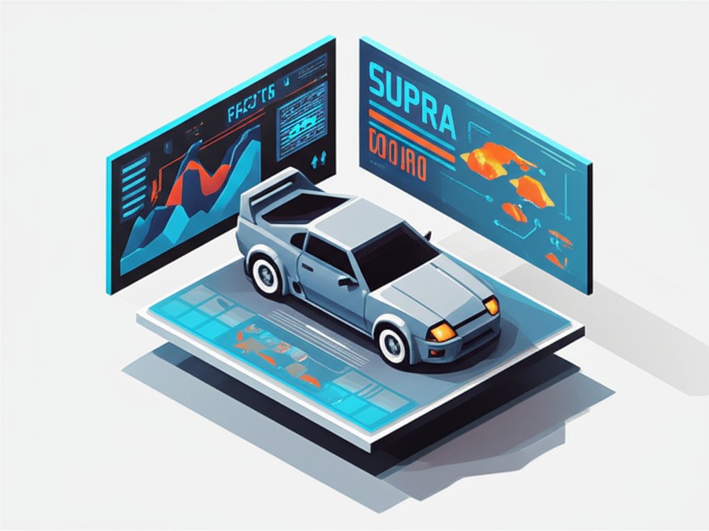 Red sports car, possibly a Toyota Supra, with text overlaid outlining key facts.