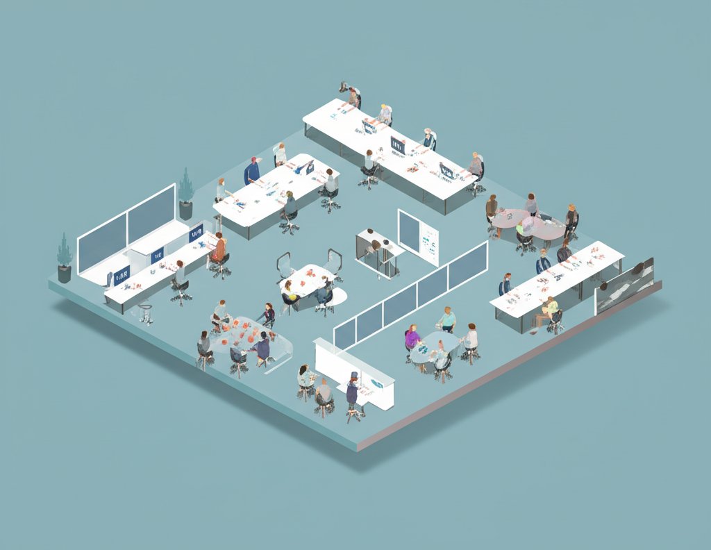 Various tables in a room, including a dining table and a side table.
