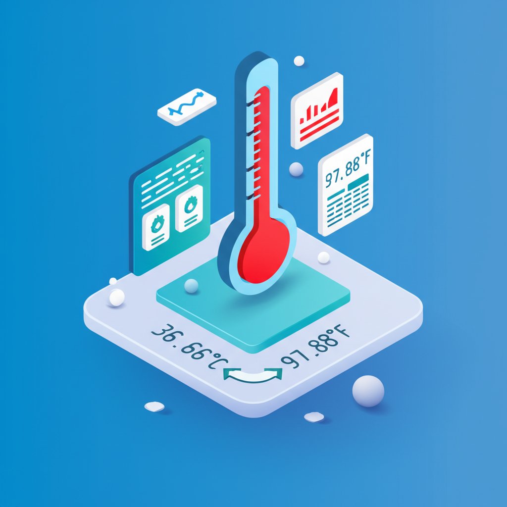 Digital display showing a body temperature of 36.6 degrees Celsius with conversions provided.
