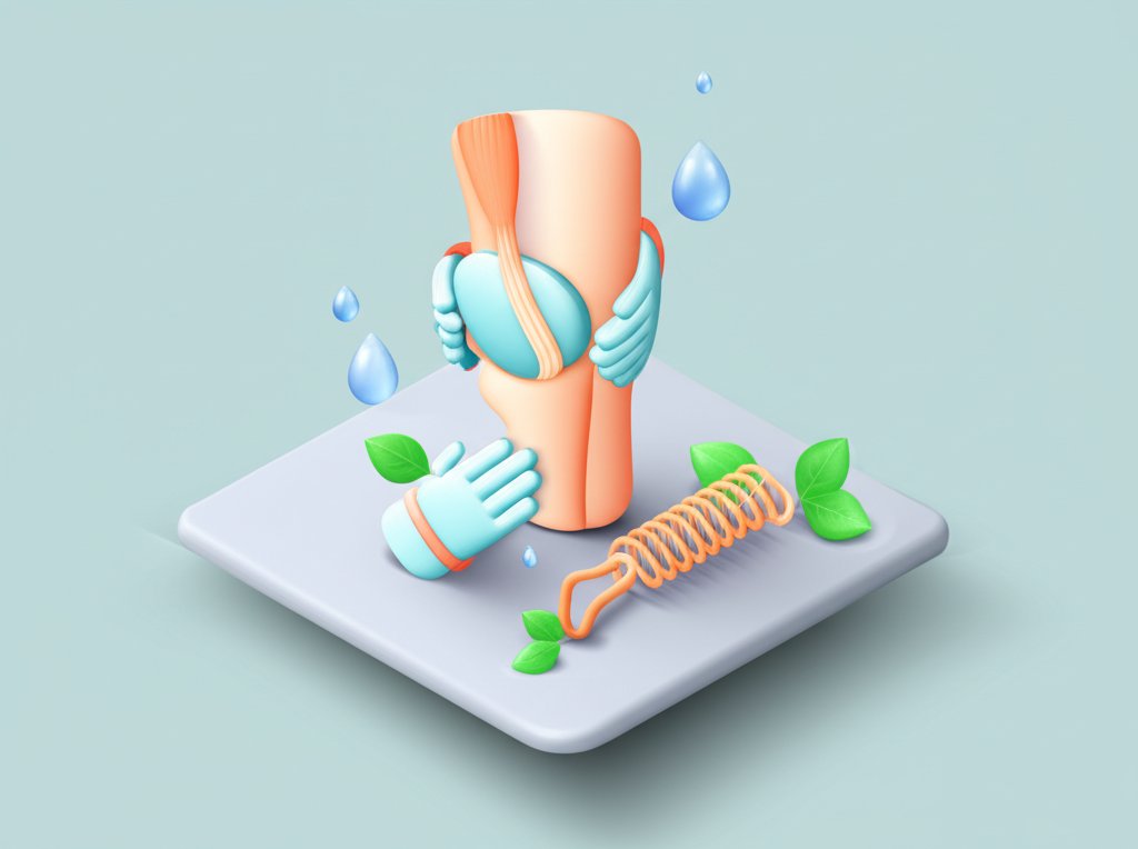 Close-up of hands gently massaging a tendon area, focusing on tendon care and relief.