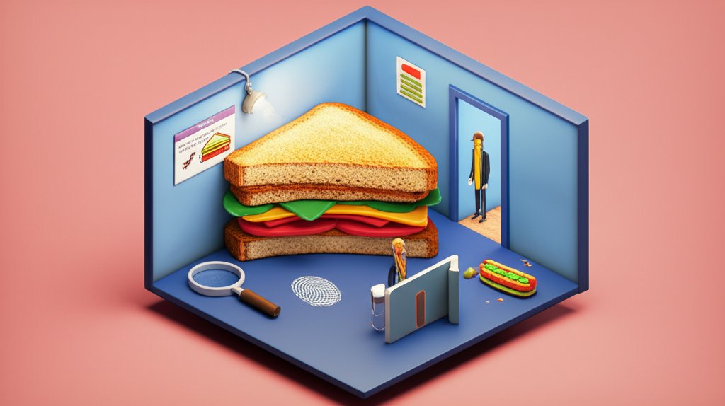 Missing panini mystery! Humorous food crime scene with chalk outline and magnifying glass.
