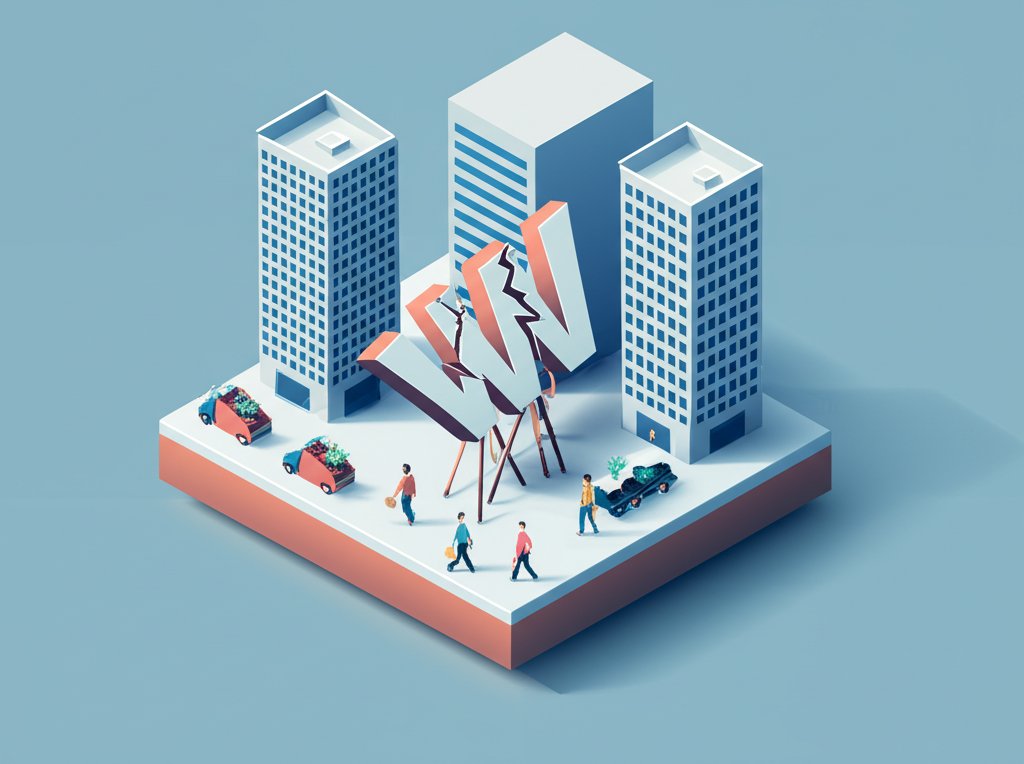 WeWork logo, damaged office building. The WeWork effect, damage control, coworking space collapse.
