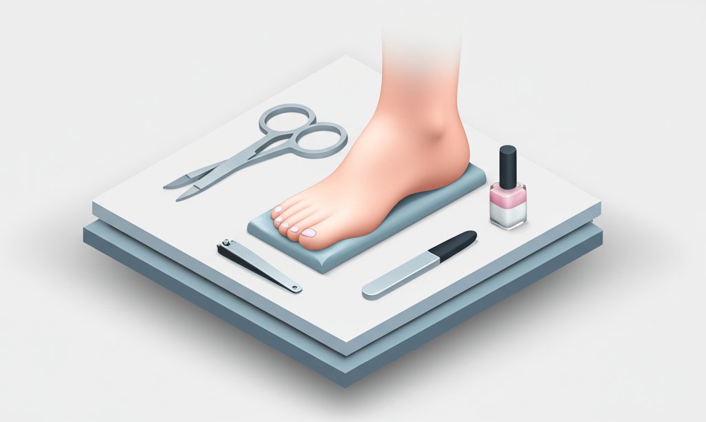 Close-up of toenails with chipped, colorful nail polish on a foot.