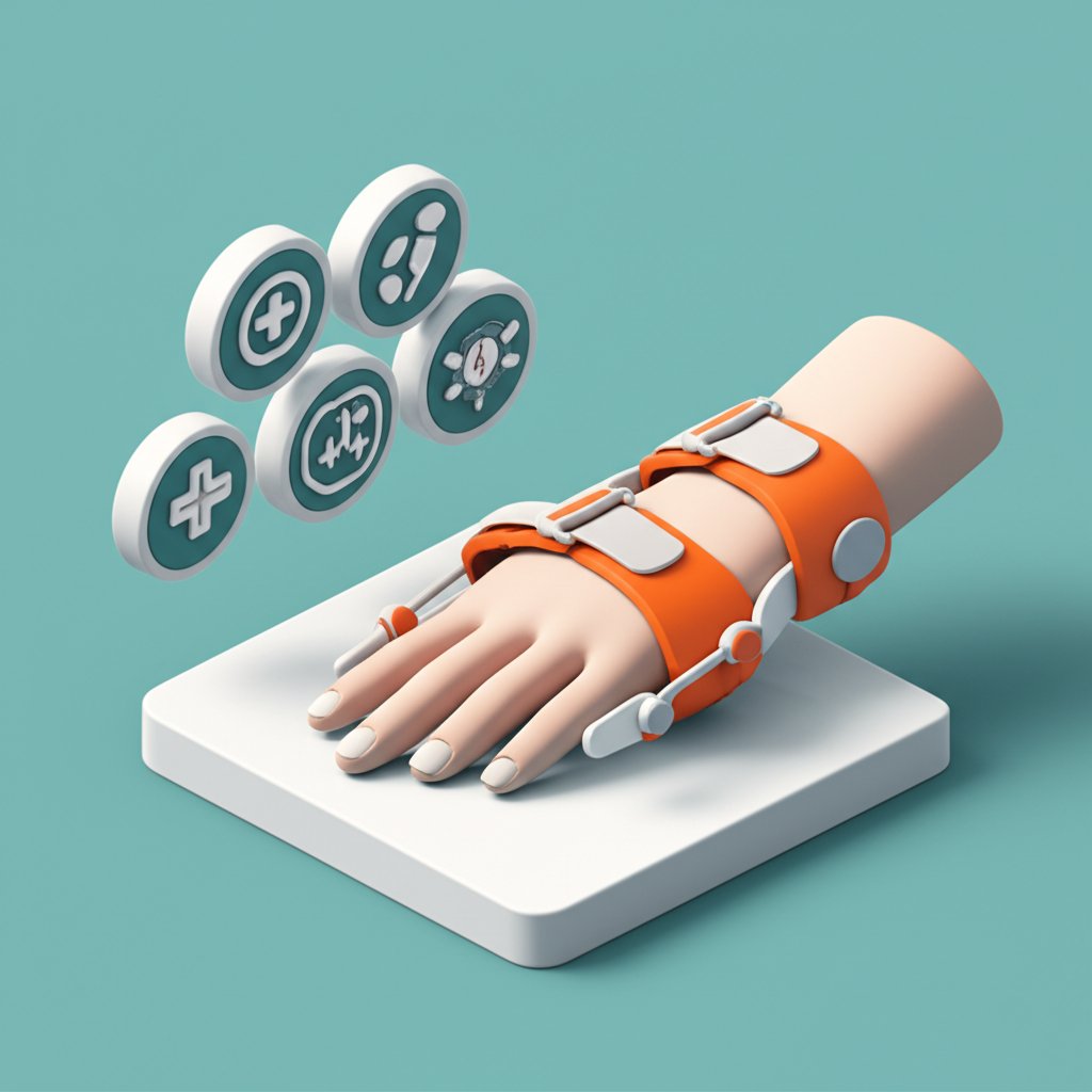 Hand wearing a black Quervain's tenosynovitis brace rests on a wooden table, offering wrist support.