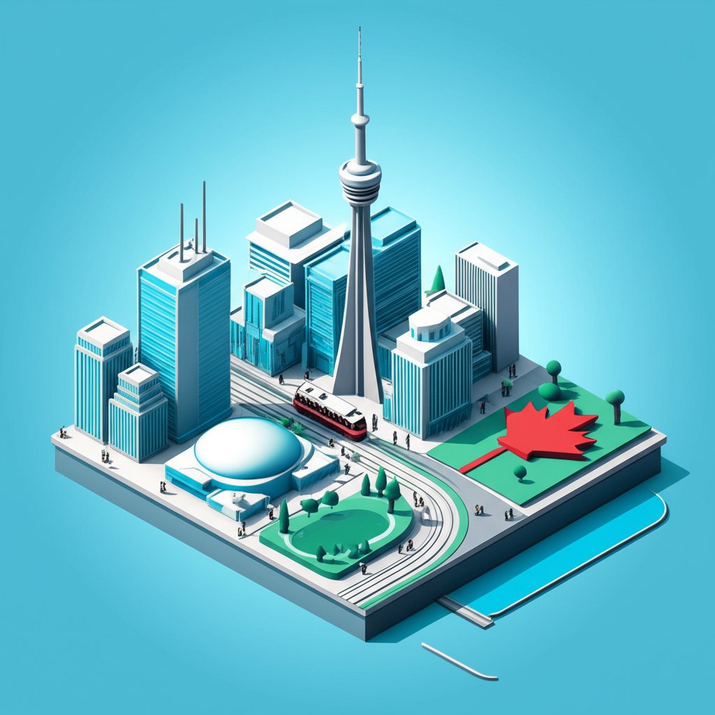 Skyline of Toronto, Canada featuring the CN Tower against a vibrant blue sky.