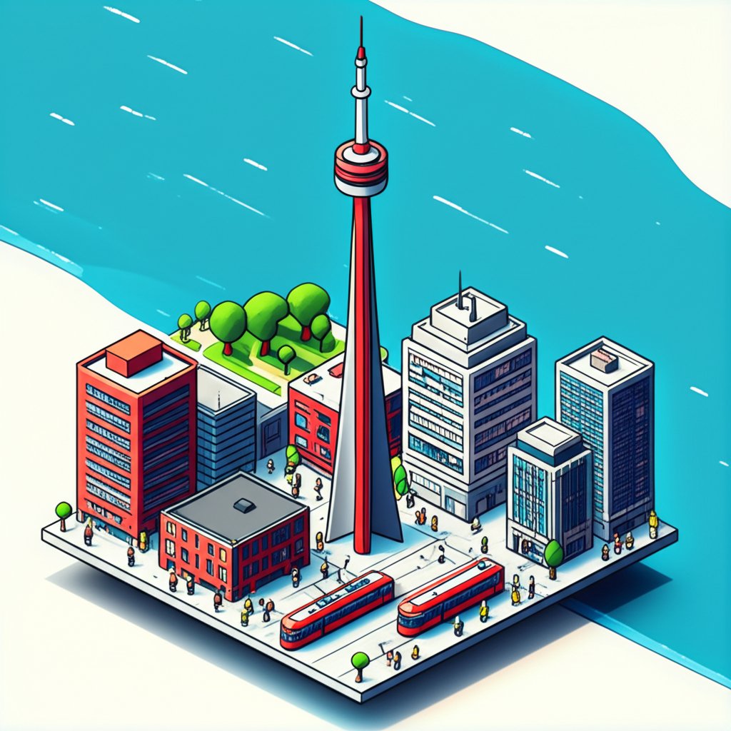 Skyline of Toronto, Canada, featuring the CN Tower prominent against a bright blue sky.