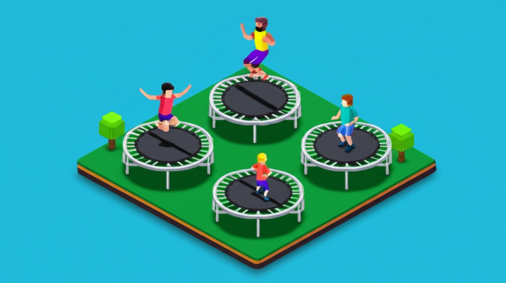 Children jump and play on colorful trampolines in a sunny outdoor park setting.