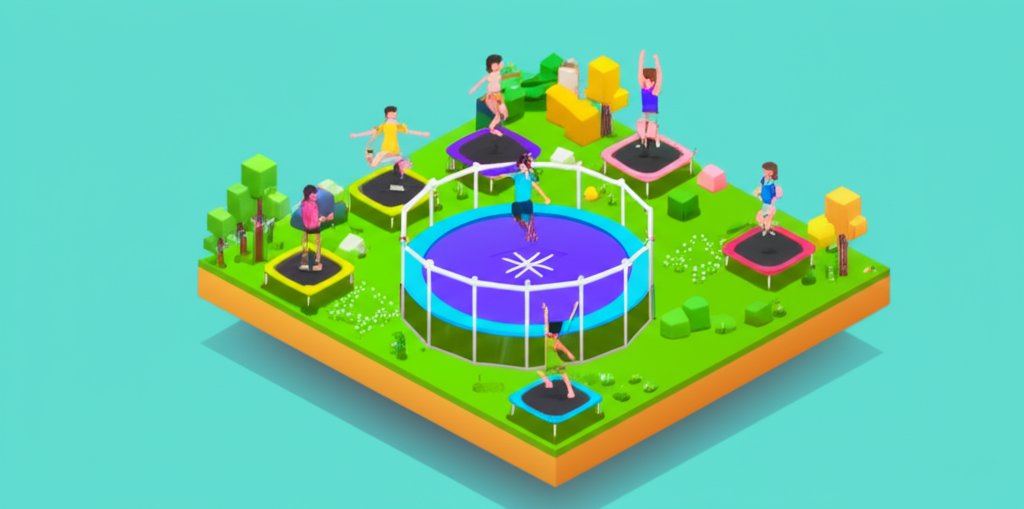 A group of people jump and play on colorful trampolines at an indoor park.