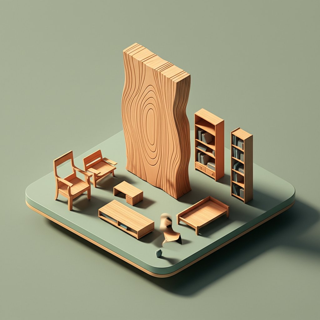 A collection of wooden furniture showcasing different wood types, grains, and finishes.