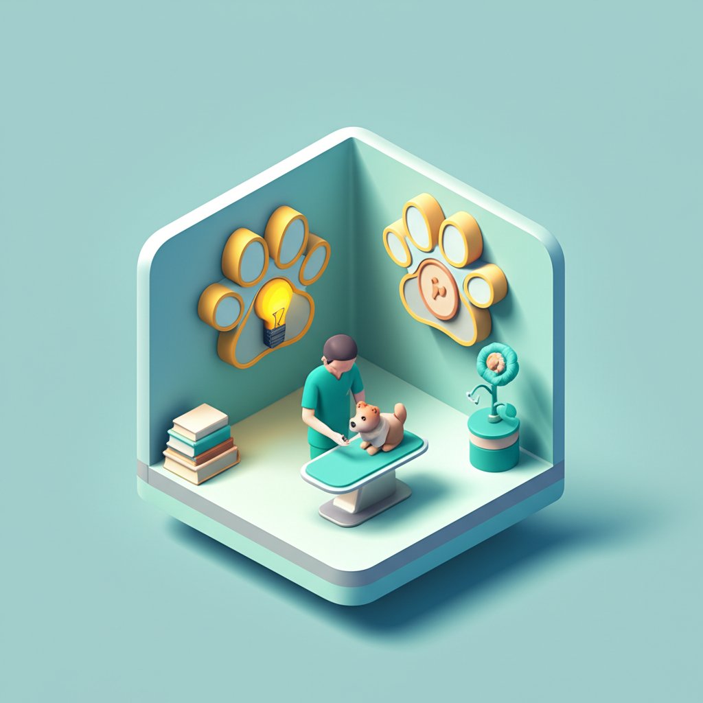 A cartoon veterinarian listens skeptically to a dog offering medical advice from an open book.