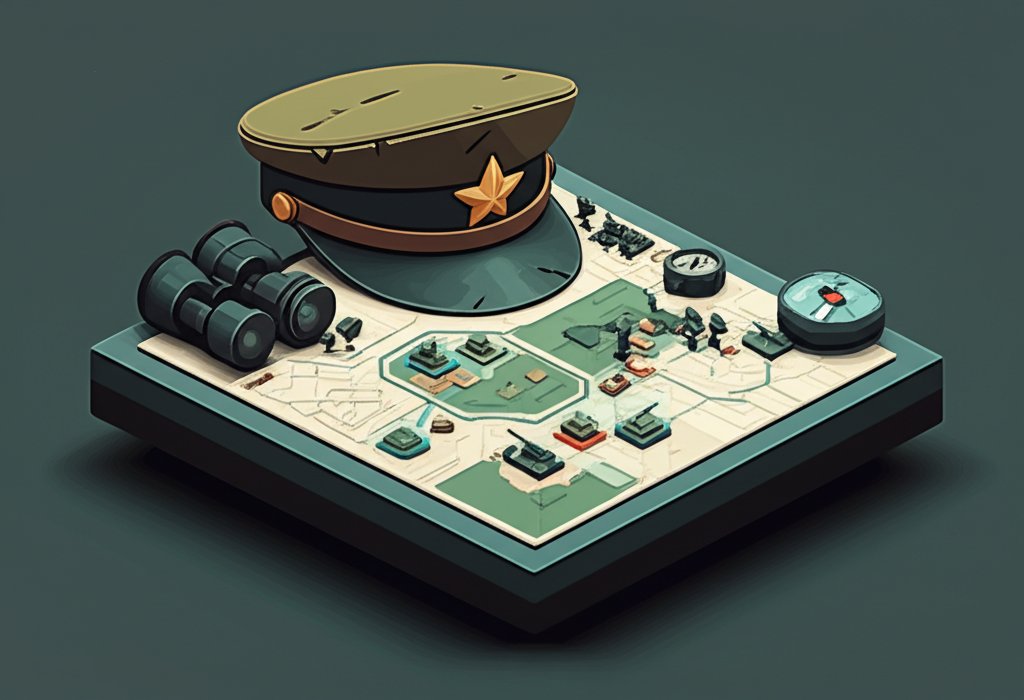 A determined military leader strategizes amidst a war-torn landscape, embodying the underdog spirit.