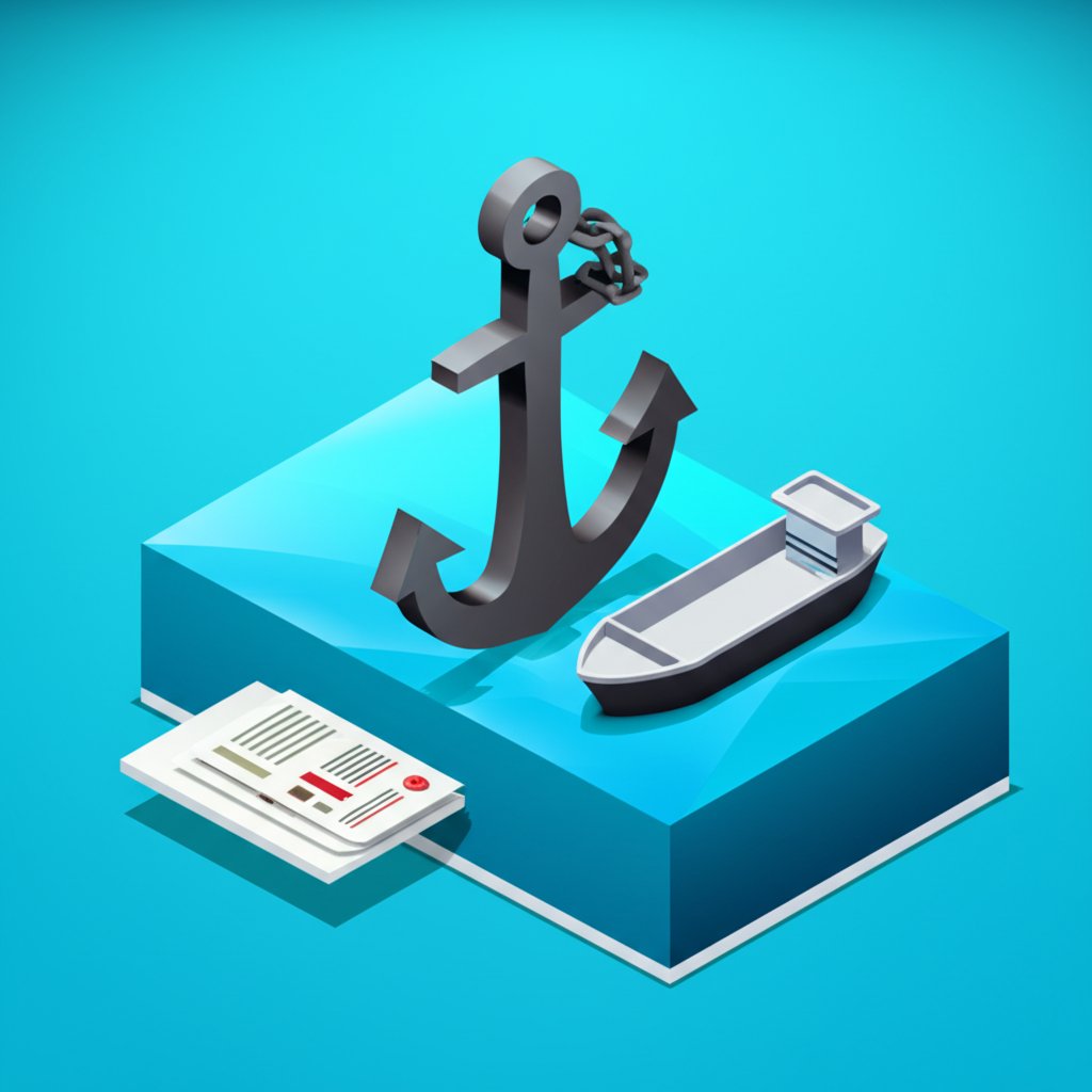 Shipping vessel with legal lien documents attached, symbolizing maritime law and debt.