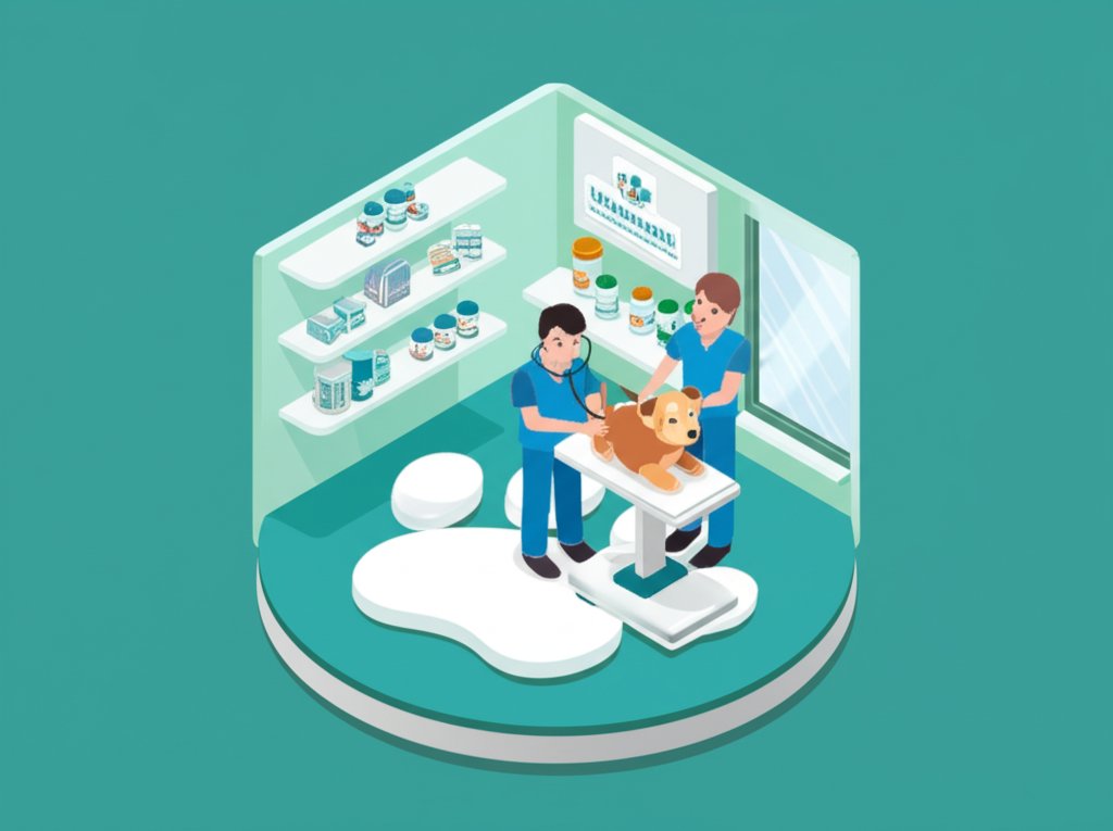 A veterinarian gently examines a dog on an examination table in a brightly lit clinic.