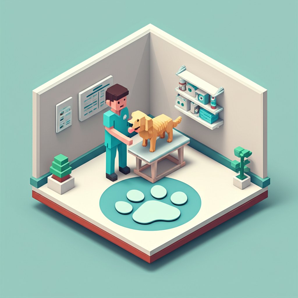 Veterinarian gently examines a golden retriever dog on an examination table.