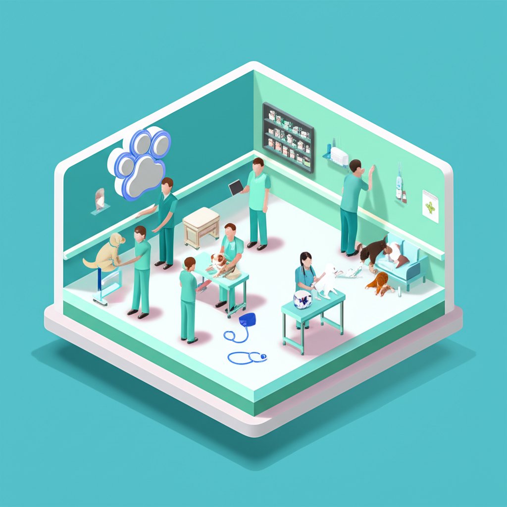 A veterinarian gently examines a dog on an examination table in a bright office.