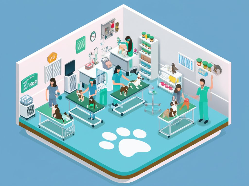 Veterinarians lovingly examine and treat a small, fluffy dog at a bright, modern clinic.