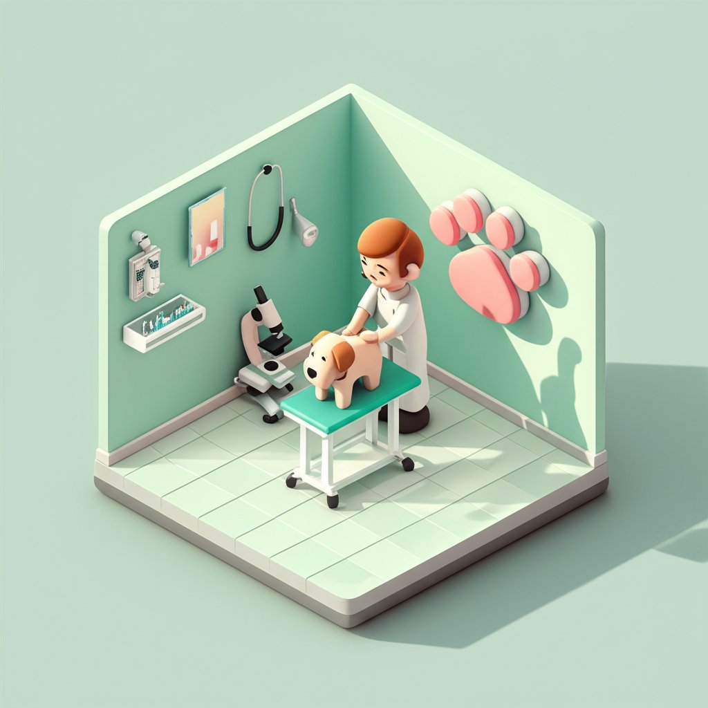 Veterinarian lovingly examines a small, fluffy dog on an examination table in a brightly lit clinic.