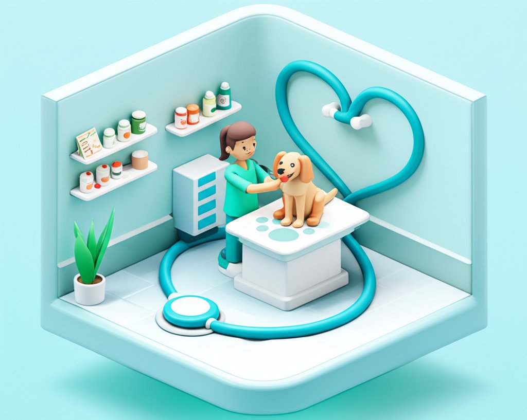 A veterinarian gently examines a dog's ear during a check-up in a bright clinic.