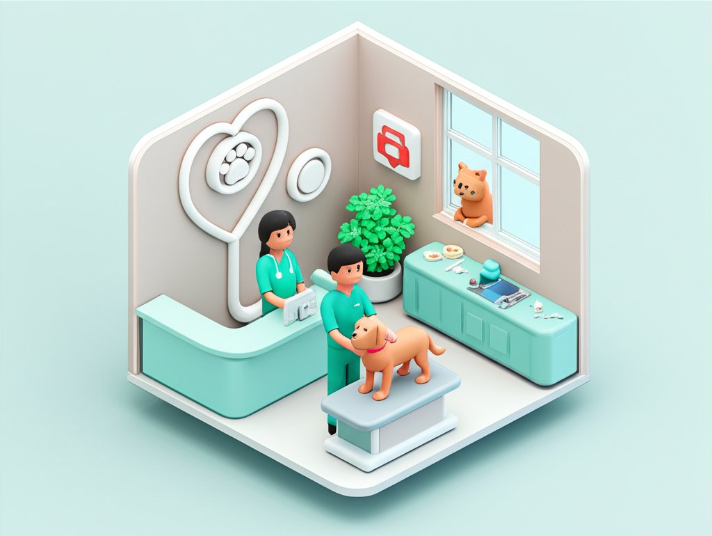 Veterinarian gently examines a dog on an examination table in a bright clinic.