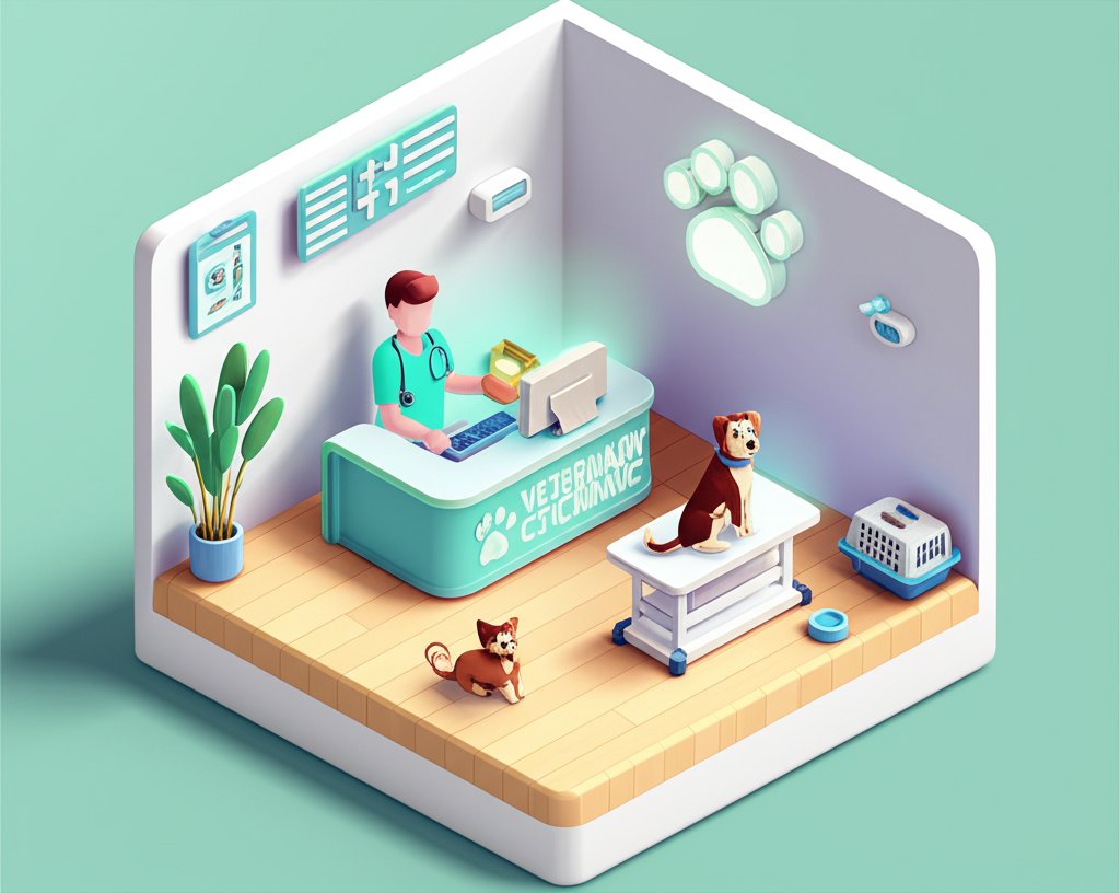 Veterinarian gently examines a dog on an exam table in a bright, clean clinic.