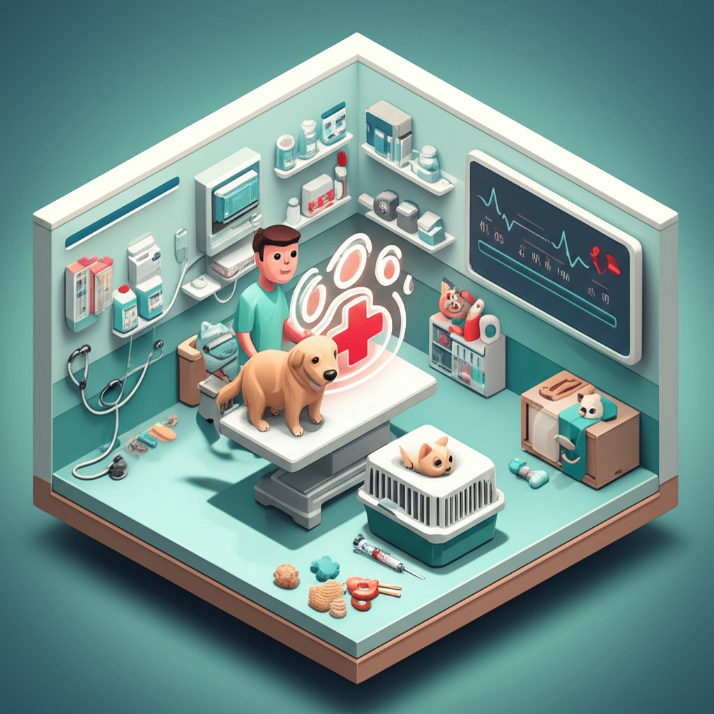 Veterinarian examining a dog on an examination table in a brightly lit clinic.