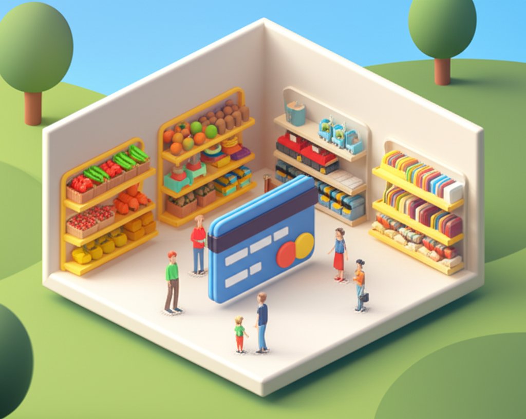 General store overflowing with goods; credit buys everything from food to tools.