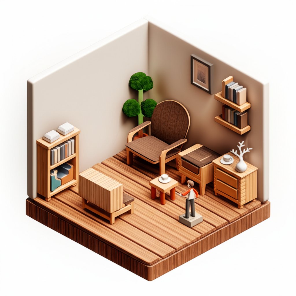 Rustic wooden furniture set, including a table and chairs, in a warmly lit room.