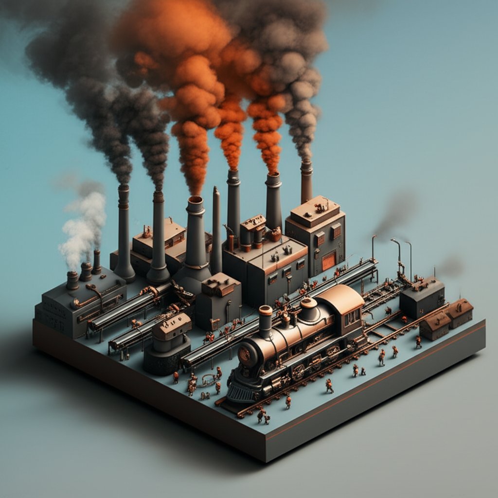 Industrial Revolution: Factories, steam power, symbolizing progress and inherent peril.