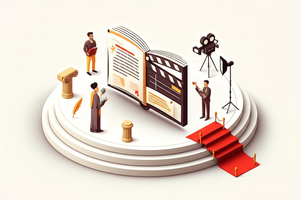 History book and Hollywood script, contrasting historical fact with cinematic drama.