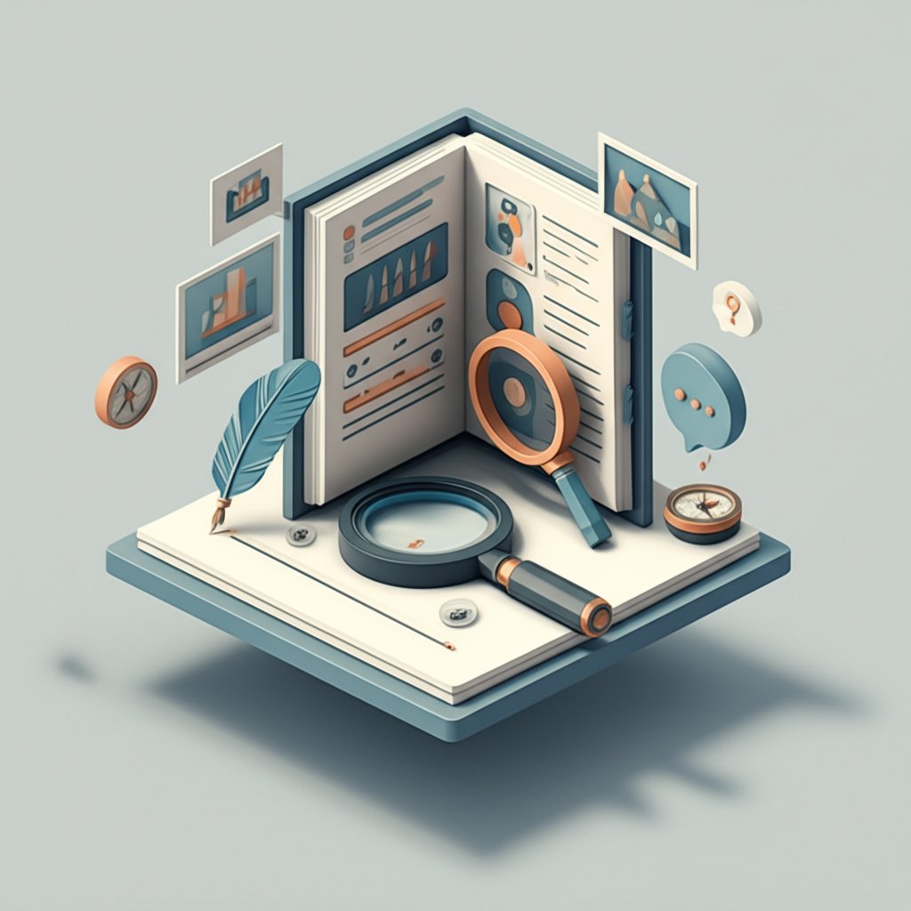 Biographer's toolkit with journal, photos, and magnifying glass exploring deeper life narratives.