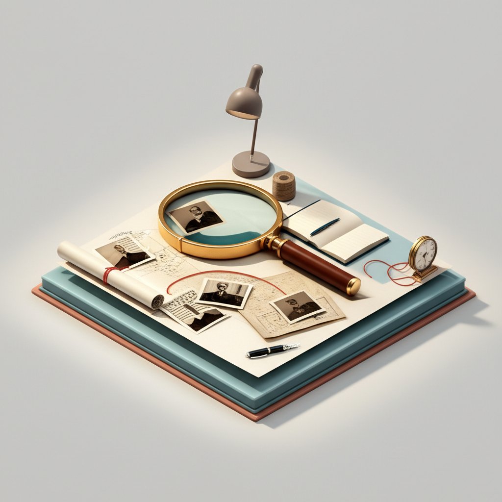 Biographer's toolkit: historical documents, research notes, and pen for evidence-based storytelling.