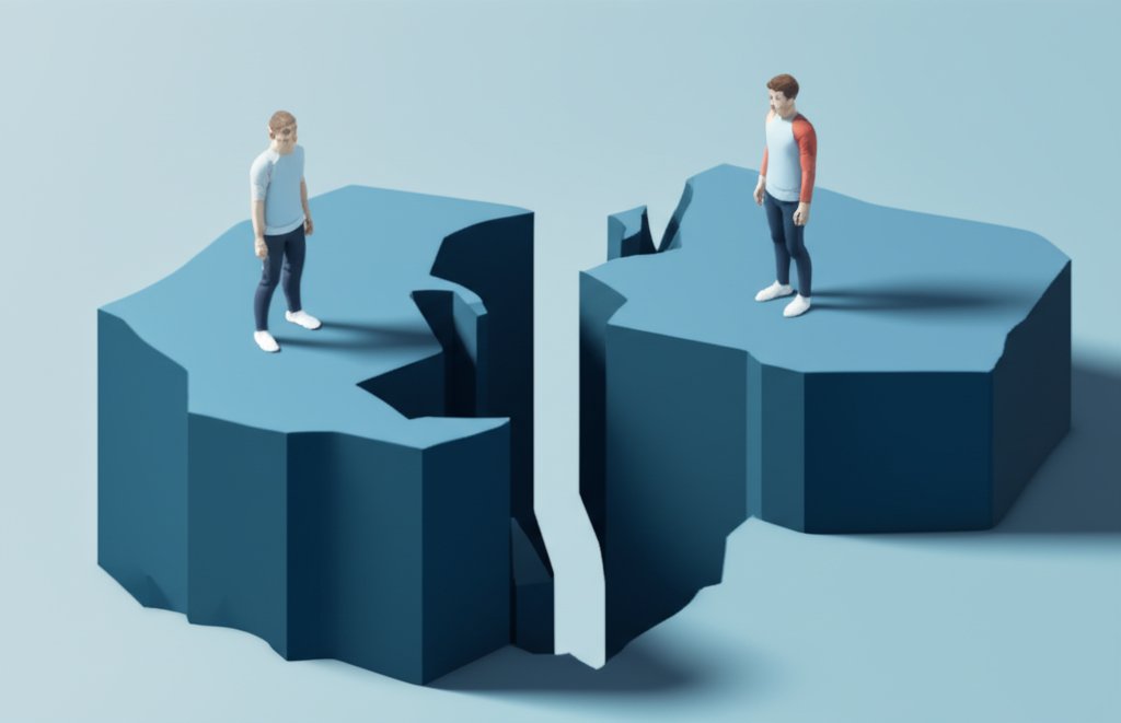 Father and son apart, symbolizing a fractured relationship defined by distance.