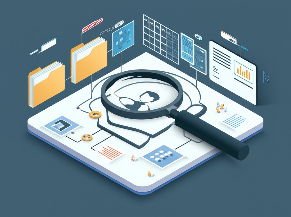 Investigator's toolkit: magnifying glass, documents, notes, assembling a person's story.