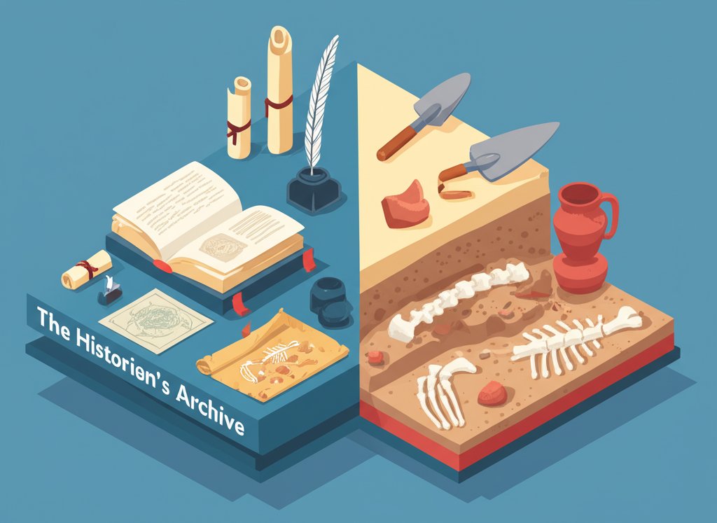 Historian's archive documents next to archaeologist's dig tools and artifacts.