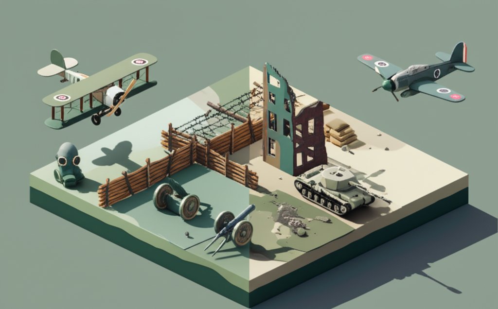Visual comparison: World War 1 vs World War 2, highlighting key historical differences.