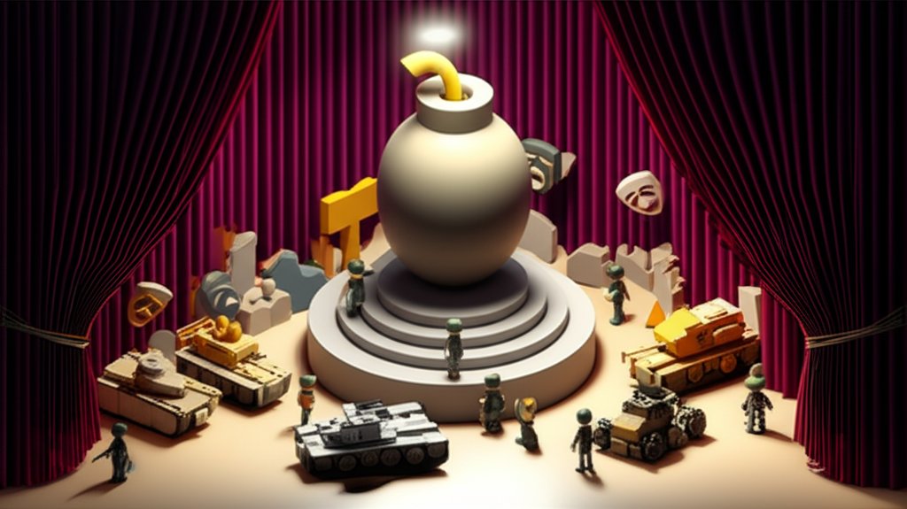 Dramatic, bizarre war scenes depicting the surreal theater of conflict.